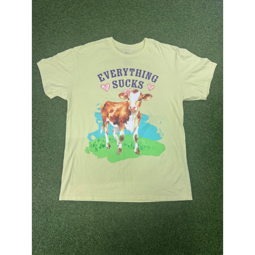 Isaac Morris Everything Sucks Cow‎ Graphic T-Shirt Lime Green Mens Large L
